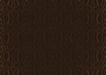 Hand-drawn unique abstract ornament. Light semi transparent brown on a dark brown background, with vignette of same pattern in golden glitter. Paper texture. Digital artwork, A4. (pattern: p08-1c)