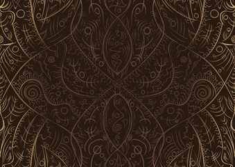Hand-drawn unique abstract ornament. Light semi transparent brown on a dark brown background, with vignette of same pattern in golden glitter. Paper texture. Digital artwork, A4. (pattern: p08-2a)