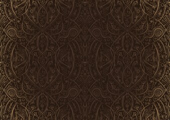 Hand-drawn unique abstract ornament. Light semi transparent brown on a dark brown background, with vignette of same pattern in golden glitter. Paper texture. Digital artwork, A4. (pattern: p08-2b)