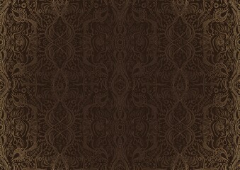 Hand-drawn unique abstract ornament. Light semi transparent brown on a dark brown background, with vignette of same pattern in golden glitter. Paper texture. Digital artwork, A4. (pattern: p09b)