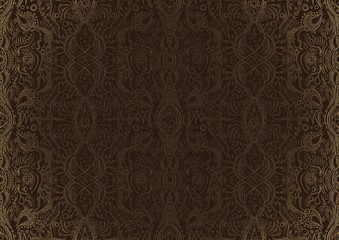 Hand-drawn unique abstract ornament. Light semi transparent brown on a dark brown background, with vignette of same pattern in golden glitter. Paper texture. Digital artwork, A4. (pattern: p09b)