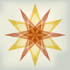 Vector drawing of a retro style, orange and yellow, semi-transparent tissue paper star on a dusty gray background.