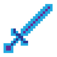 Colorful pixel sword game icon. Vector isolated mosaic button illustration. Digital crypto art poster banner. Simple collection arms knife warrior. Blue weapon item on white transparent background 