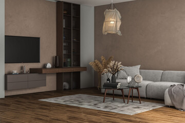 Interior design of cozy living room with stylish sofa, coffee table, dried flowers in vase, mock up wall, carpet, decoration, pillows, plaid and personal accessories in modern home decor. 3d Rendering