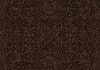 Hand-drawn unique abstract symmetrical seamless ornament. Light semi transparent brown on a dark brown background. Paper texture. Digital artwork, A4. (pattern: p09a)