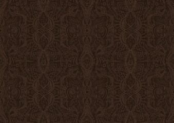 Hand-drawn unique abstract symmetrical seamless ornament. Light semi transparent brown on a dark brown background. Paper texture. Digital artwork, A4. (pattern: p09b)