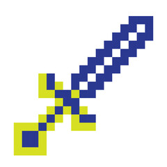 Colorful pixel sword game icon. Vector isolated mosaic button illustration. Digital crypto art poster banner. Simple collection arms knife warrior. Blue weapon item on white transparent background 