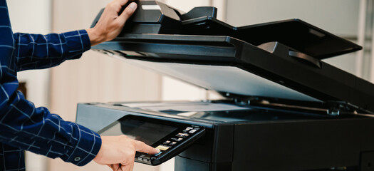 Copier printer, Close up hand office man press copy button on panel to using the copier or...