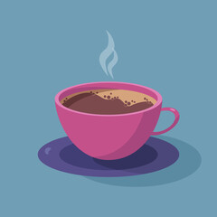 Pink cup with purple saucer.  Vector illustration. Flat style