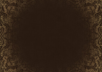 Dark brown textured paper with vignette of golden hand-drawn pattern. Copy space. Digital artwork, A4. (pattern: p06a)