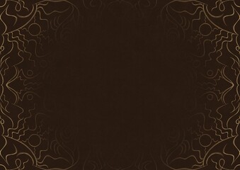 Dark brown textured paper with vignette of golden hand-drawn pattern. Copy space. Digital artwork, A4. (pattern: p07-1a)