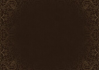 Dark brown textured paper with vignette of golden hand-drawn pattern. Copy space. Digital artwork, A4. (pattern: p07-1b)