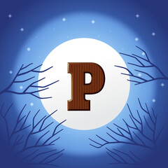 Sinterklaas day concept - chocolate letter P on moonlight background - holiday illustration - obrazy, fototapety, plakaty