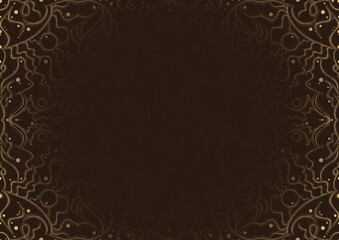 Dark brown textured paper with vignette of golden hand-drawn pattern. Copy space. Digital artwork, A4. (pattern: p07-2a)