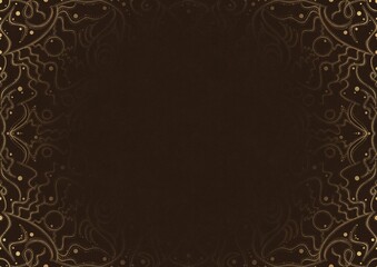 Dark brown textured paper with vignette of golden hand-drawn pattern. Copy space. Digital artwork, A4. (pattern: p07-2a)