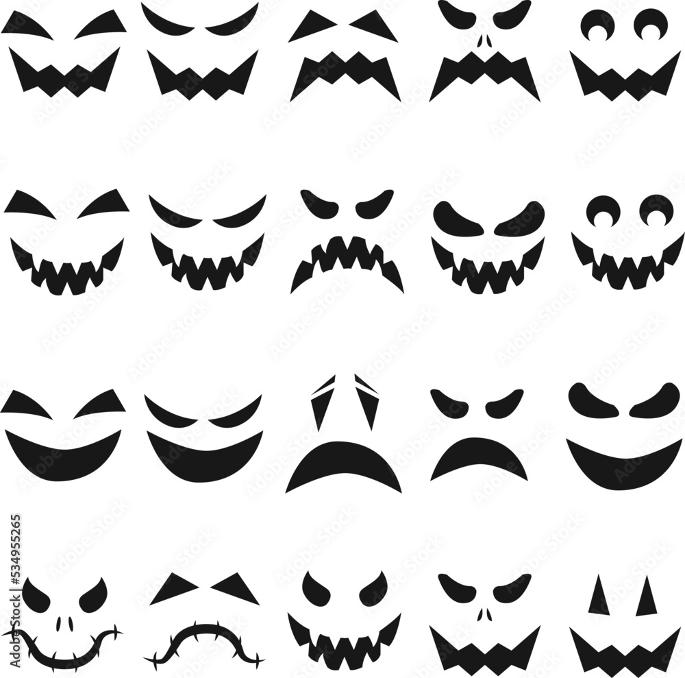 Wall mural halloween monster jack lantern pumkin carved glowing scary face set on white background. holiday cartoon character collectionfor celebrating design. vector cartoon spooky  