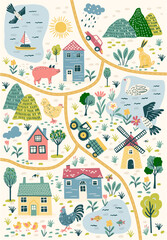 Little village map cartoon illustration, with lake, pig, tractor, dog,  little houses, country side village illustration.