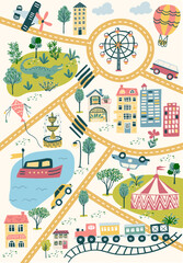 City map illustration with lake, animals, roads, vehicles, little houses, little village cartoon illustration.
