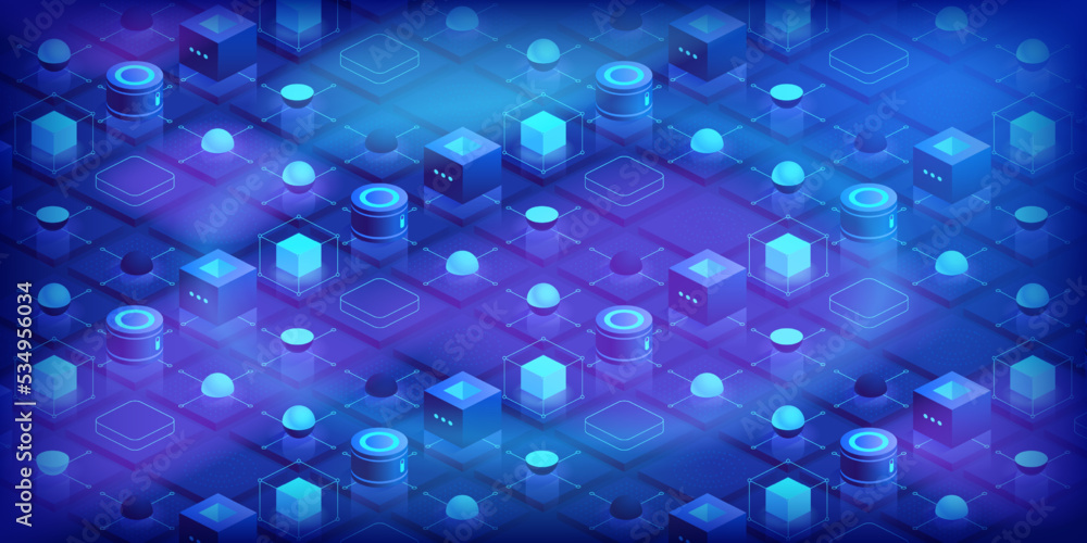 Poster abstract technology background. blockchain concept banner. isometric digital blocks connection with 