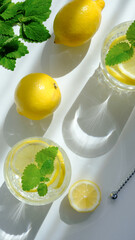 Drink limonade glasses with lemon slices. Flat lay