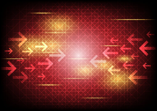 Abstract technology style background: the theme of online network communication, with two sides arrows point toward middle glow light on dark red color