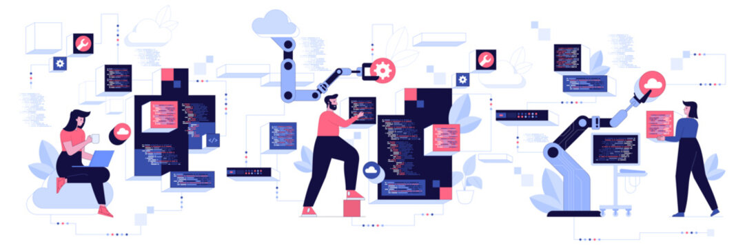 People characters developing software program and mobile app. Developers programming and writing program code. Programming and engineering development process concept. Vector illustration