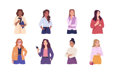 Business ladies avatars collection. Vector illustration in the flat cartoon style of business women of different ages and races in suits and with accessories of office employees. Isolated on white