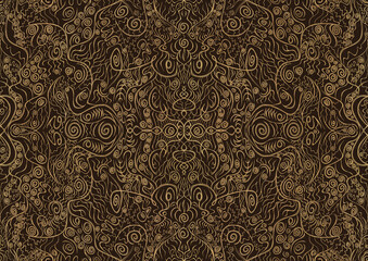 Hand-drawn unique abstract symmetrical seamless gold ornament on a dark brown background. Paper texture. Digital artwork, A4. (pattern: p06a)
