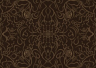 Fototapeta na wymiar Hand-drawn unique abstract symmetrical seamless gold ornament on a dark brown background. Paper texture. Digital artwork, A4. (pattern: p07-1a)