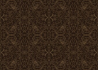Hand-drawn unique abstract symmetrical seamless gold ornament on a dark brown background. Paper texture. Digital artwork, A4. (pattern: p07-1b)