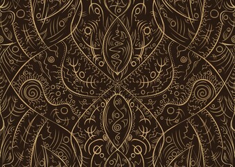 Hand-drawn unique abstract symmetrical seamless gold ornament on a dark brown background. Paper texture. Digital artwork, A4. (pattern: p08-2a)