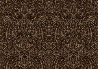 Hand-drawn unique abstract symmetrical seamless gold ornament on a dark brown background. Paper texture. Digital artwork, A4. (pattern: p08-2b)