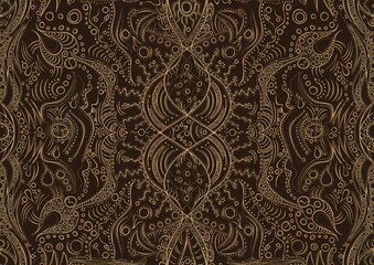 Hand-drawn unique abstract symmetrical seamless gold ornament on a dark brown background. Paper texture. Digital artwork, A4. (pattern: p09a)