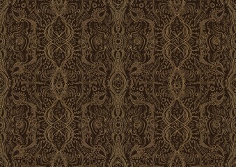 Hand-drawn unique abstract symmetrical seamless gold ornament on a dark brown background. Paper texture. Digital artwork, A4. (pattern: p09b)