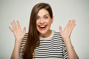 Portrait of surprising excited young woman.