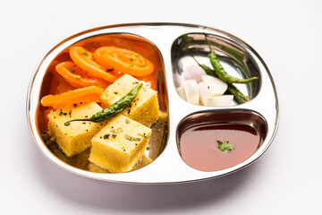 Khaman Dhokla with Jalebi or imarti, popular snack combination from India