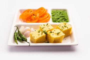 Khaman Dhokla with Jalebi or imarti, popular snack combination from India