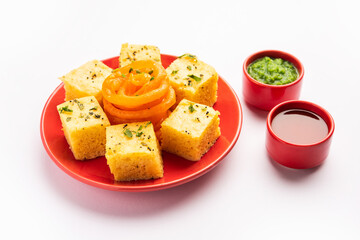 Khaman Dhokla with Jalebi or imarti, popular snack combination from India