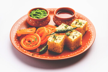 Khaman Dhokla with Jalebi or imarti, popular snack combination from India