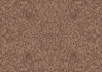 Hand-drawn unique abstract symmetrical seamless ornament. Brown on a light brown background. Paper texture. Digital artwork, A4. (pattern: p07-2a)