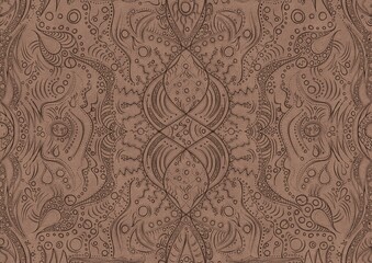 Hand-drawn unique abstract symmetrical seamless ornament. Brown on a light brown background. Paper texture. Digital artwork, A4. (pattern: p09a)