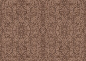 Hand-drawn unique abstract symmetrical seamless ornament. Brown on a light brown background. Paper texture. Digital artwork, A4. (pattern: p09b)