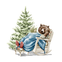 Watercolor Christmas vintage bear in sweater clothes listen radio receiver and sleep in rocking chair near the fir tree isolated on white background. Hand drawn illustration sketch - obrazy, fototapety, plakaty