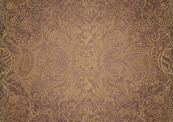 Hand-drawn unique abstract gold ornament on a light brown background, with vignette of darker background color and splatters of golden glitter. Paper texture. Digital artwork, A4. (pattern: p04a)