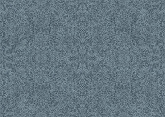 Hand-drawn unique abstract symmetrical seamless ornament. Dark blue on a light blue background. Paper texture. Digital artwork, A4. (pattern: p06b)