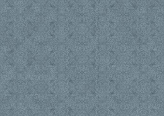 Hand-drawn unique abstract symmetrical seamless ornament. Dark blue on a light blue background. Paper texture. Digital artwork, A4. (pattern: p07-1c)