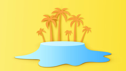 Seawater circle stage podium scene with coconut trees background. Summer stage podium mockup template. paper cut and craft style. vector, illustration.