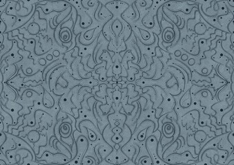 Hand-drawn unique abstract symmetrical seamless ornament. Dark blue on a light blue background. Paper texture. Digital artwork, A4. (pattern: p07-2a)