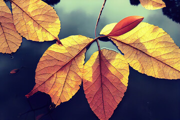 Obraz premium Beautiful autumn. Falling leaves on water. Natural background. Bright gold autumn time. 3d illustration. 