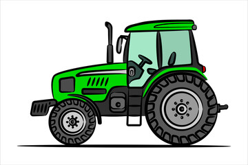 Obraz premium A hand drawn art of a green tractor. Wheeled tractor, side view. Modern flat illustration. Side view of modern farm tractor
